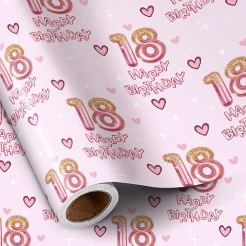 RUSPEPA Geschenkpapier zum 18. Geburtstag für Mädchen, Herzen und rosa Luftballons mit der Zahl 18, Happy Birthday-Design, 18 Jahre alt,43,2 cm x 5 m, perfekt für Geburtstagsparty für Mädchen