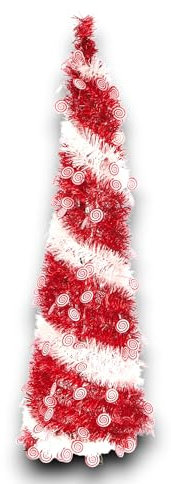 Albero di Natale 120 cm - Design a Spirale Rosso e Bianco con Decorazioni a Tema Candy Cane e Caramelle - Facile da Montare, Perfetto per Decorazioni Natalizie di Casa o Ufficio