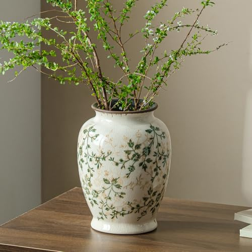 Vase à fleurs en céramique pour la décoration de la maison, vase décoratif vert vintage 8 pouces