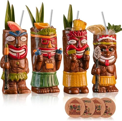 USEEKRIL Lot de 4 gobelets à cocktail Tiki - Gobelets exotiques avec 4 dessous de verre et 4 pailles - Verres à cocktail en céramique de style hawaïen pour fêtes et bars tropicaux