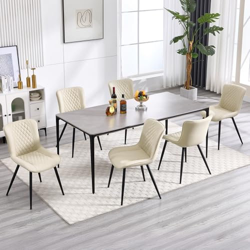 BERYTH 6er Set Esszimmerstühle, Küchenstuhl mit Hoher Rückenlehne Polsterstühle mit 5 cm Sitzkissen PU Leder Dining Chair Moderne Sessel und Metallbeine Beige