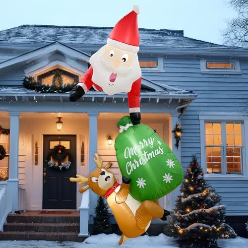 245 cm Kletternder Aufblasbarer Weihnachtsmann Weihnachtsdeko Aufblasbar | mit LED-Lichtern, Festliche Hängedeko mit Rentier&Geschenksack, Aufblasbare Weihnachtsdeko Außen, für Fenster, Achtraufen