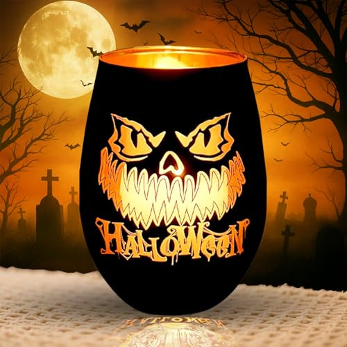Halloween Windlicht aus Glas mit Gravur – Stimmungsvolles Teelichthalter für Halloween Deko, Kürbis Tischdeko & Party Geschenkidee