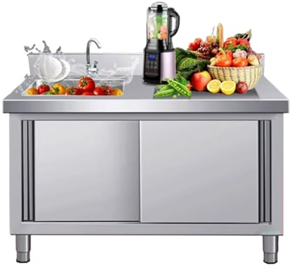 Outdoor Stainless Steel Freestanding Kitchen Sink,Laundry Sink with Cabinet,with Workbench, Storage and Faucet