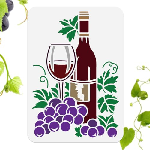 Doodlream Grape Wine Glass Stencil for Painting Bottle Stencil Drawing Template, Wine DIY Craft Paint Template for Wall Home Decor Wood Burning Card Journal Canvas 29.7×21cm