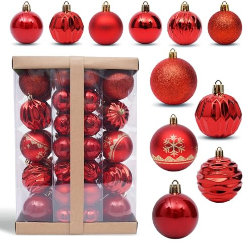 Hanari Bolas colgantes para árbol de Navidad, bolas brillantes rojas, decoración de Navidad para boda, fiesta, plástico, diámetro de 5 cm y 7 cm, 62 piezas