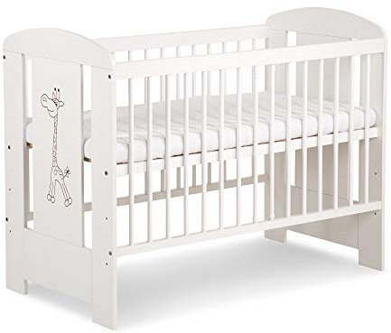 Babybett 60x120 cm weiß – Holz Kinderbett Safari Giraffe – höhenverstellbar, mit Gitter, massivholz, Babybett mit Motiv, ideal für Neugeborene und Kleinkinder | Zertifikat (Weiß)