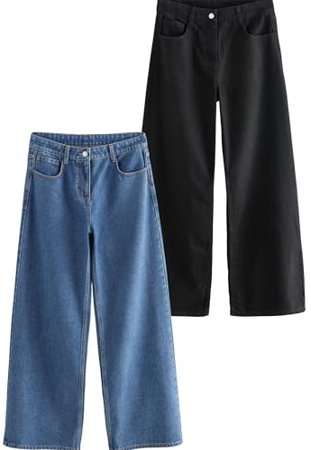 THE SET Femme Jean Large 100% Coton, Lot de 2 | Coupe standard, Taille mi-haute, Fermeture zippée, Jambe large