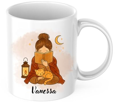drunkLY Büchertasse mit Namen - mit Bücherliebhaber-Motiv - personalisierter Keramik Kaffee-Becher – Bücher-Tasse - Lese-Tasse - Geschenk-Idee - Personalisert - für Bücherwürmer (Büchereule)