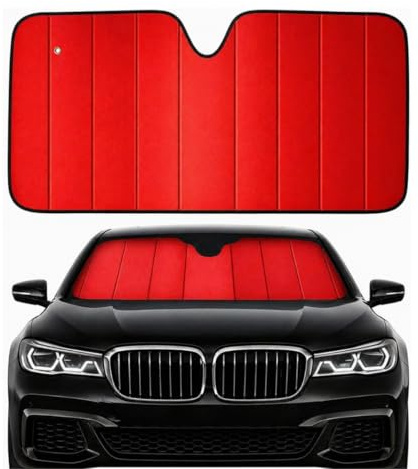 Parasol para parabrisas interior plegable – Cubre sol de coche UV con ventosas y elásticos, protección solar para salpicadero y asientos, universal para coches SUV y furgonetas (rojo)