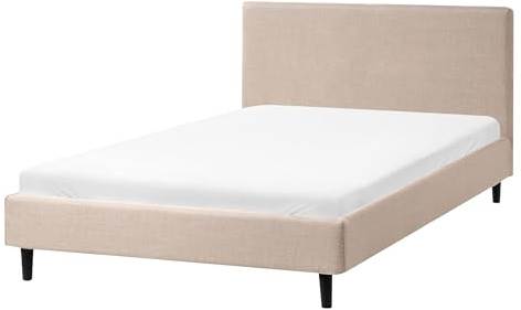 Beliani Modern Linen EU Small Double Bed Frame 4ft Slatted Base Panel Bed Wooden Legs Beige Fitou