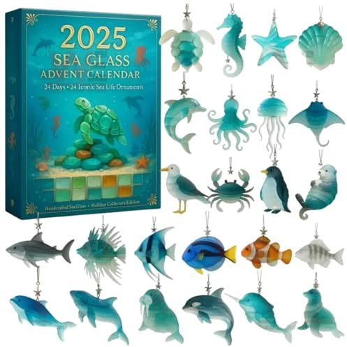 Adventskalender 2025 Mit Meereslebewesen Aus Seeglas, 24-Tägiger Weihnachts-Countdown-Kalender for Thema Ozean, Mit 24 Bezaubernden, Realistischen Meerestier-Dekorationen