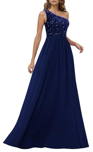 HOMEYEE Damen Elegant Pailletten Mesh Eine Schulter Glitzer Ballkleid Sexy Rückenfrei Abendkleider A-Linie Hochzeitskleid A503 (M, Marineblau)