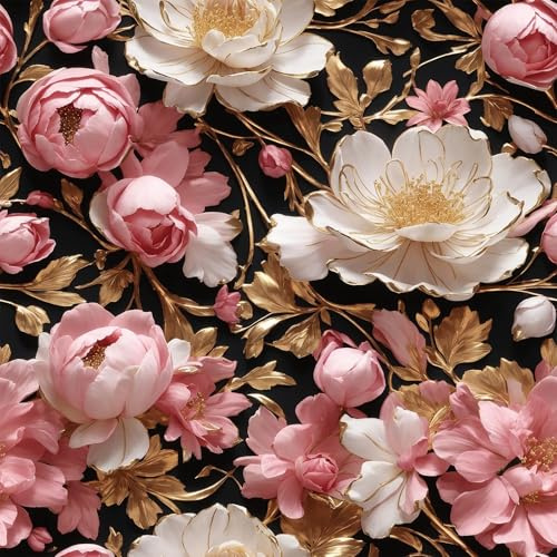 FunStick 44.5CMx9M Tapete Selbstklebend Wohnzimmer Wand Blumen Rosa und Weiß Gold Pfingstrosen Blumentapete Muster Schlafzimmer Folie für Möbel Blumen Klebefolie Schrank Schwarz Rosa Wandtapete Barock