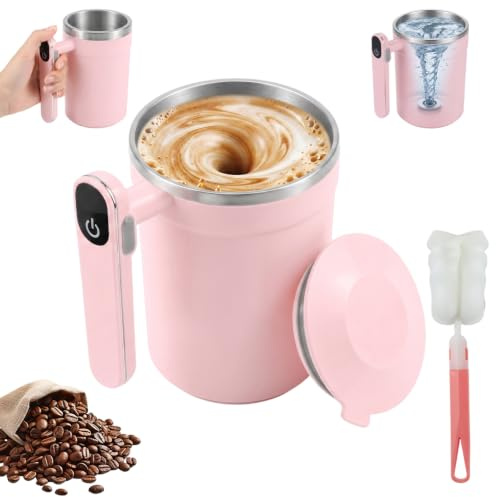 Aohcae 380ml Magnetische Selbstrührende Tasse mit Temperaturanzeige, Intelligente Kaffeetasse mit Deckel, Wiederaufladbarer Automatic Magnetic Stirring Coffee Mug mit Flaschenbürste für Kaffee Milch