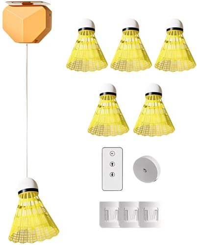 Vestamore Badminton-Trainer-Set, automatische Höhenverstellung, Fernbedienung, 6 winddichte Federbälle, 40 elastische Seile, für drinnen und draußen, Einzelspieler, 6-teilig