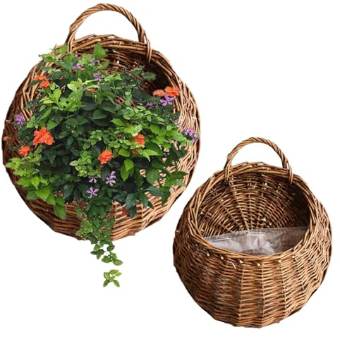 Hbbgdiy Lot de 2 paniers Suspendus en Osier avec poignée, jardinière de Porte d'entrée en rotin avec Doublure en Plastique, récipient décoratif Mural pour Jardin, Balcon et Porche