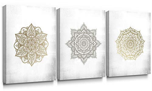 SUMGAR Mandala Art Gold Grau Mandala Wanddekoration Indische Dekorationen Drucke auf Leinwand Asiatische Blumen Bilder Blumenkunstwerk für Schlafzimmer Wohnzimmer Badezimmer 30x40cmx3 Stück