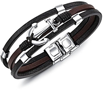 Aruie Bijoux Bracelet Cordon Triple Ancre Anchor Nautique Marin Lien Plat Cuir Fermoir Acier Inoxdable Chaîne de Main Vintage Mode Cadeau Homme Couleur Noir Marron