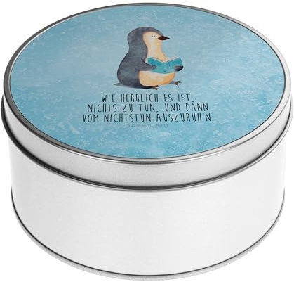 Mr. & Mrs. Panda Blechdose rund Pinguin Buch - Geschenk, Bücherwurm, Blechdosen mit Deckel, Metallkiste mit Deckel, Ferien, Faulenzen, Metallboxen,