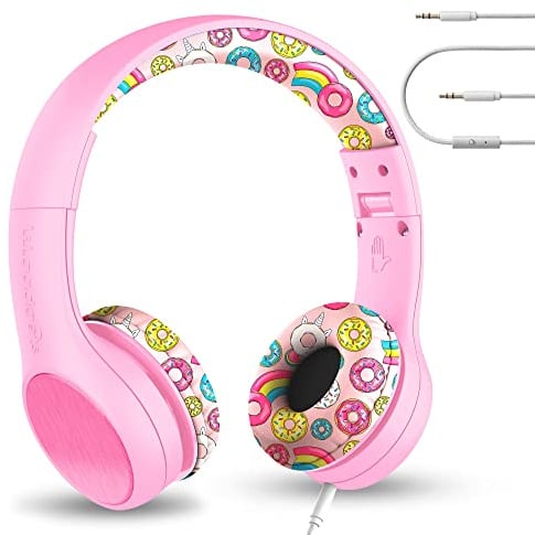 LilGadgets Connect+ Style kabelgebundene Kinder-Kopfhörer SharePort®-Technologie kinderfreundlich faltbar Over-Ear-Headset mit integriertem Mikrofon, bequem für Kleinkinder in der Schule, rosa Donuts