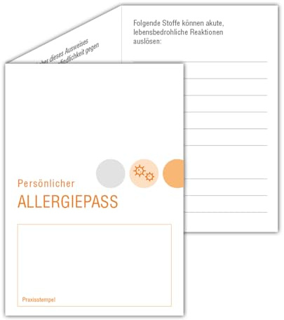 Allergiepässe | 200 Stück | 6-seitig | 190 g/m² Karton | Allergiepässe für Ärzte und Praxen zur Ausgabe an Patienten. Format geschlossen: 7,5 cm x 9,8 cm