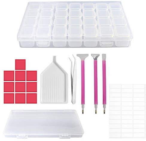 DARUITE Diamond Painting Zubehör, DIY 5D Diamant Painting Werkzeug Set 28 Fächer,Sortierboxen für Kleinteile mit Stift,Klebestifte,Plastikplatte,Pinzetten,Aufkleber für Erwachsene und Kinder