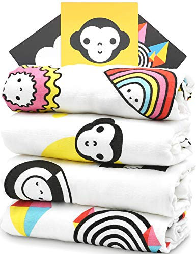 Kuschelige Mullwindeln DESIGNT FÜR BABY-AUGEN Schrille Motive machen schlau - Mulltücher Spucktücher Stoffwindeln aus Baumwolle & Bambus (4 St. 80x80 cm) von ProperPeak, für Mädchen & Jungen