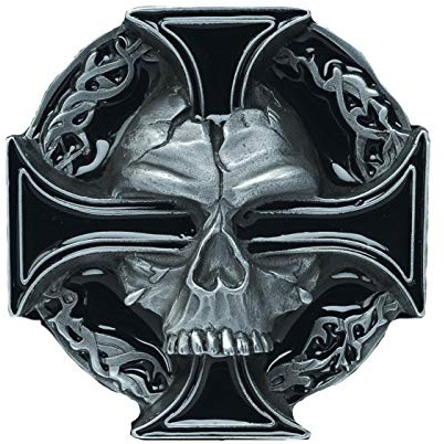 Gürtelschnalle mit Totenkopf und Kreuz.