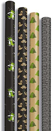Clairefontaine 223836AMZC - Karton mit 20 Rollen Geschenkpapier Kraftnatur 100% recycling Papier 5mx0m35 70g, sortierte Motiven Dino, 20 Rollen