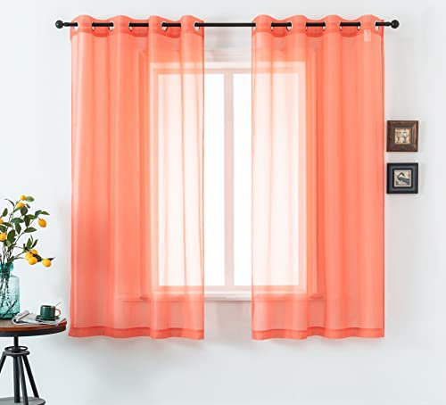 DUALIFE Durchscheinende Vorhänge in Korallenrot, 137.2 cm, extra Länge für Küche, Mädchen, Zimmer-Optik, halbsolider Voile, durchsichtig, 2er-Set Paneele mit Ösen, 132 x 137 cm