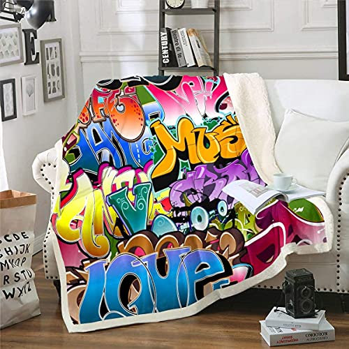 Homemissing Hippie Graffiti Stil Kuscheldecke Kinder Jungen Hip Hop Straßenkultur Decke 150x200cm Jugendliche Buntes Graffiti Muster Flanell Fleecedecke Hipster Wohndecke für Schlafsofa Couch