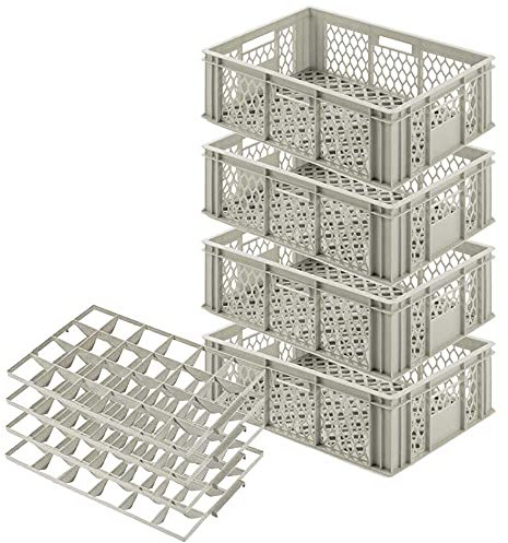 BRB Récipient à Verres, Lot de 4 Boîtes, 24 Verres, Hauteur Max. 175 mm, Diamètre Max. 87 mm, Polyéthylène de Qualité Supérieure, Gris