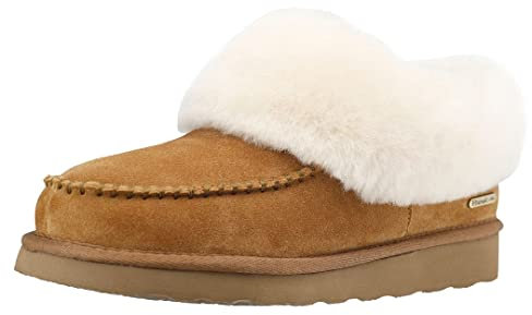 PAMIR Damen Mokassin aus echtem Wildleder, Lammfell, Stiefelette, Hausschuhe, Memory-Schaum, für drinnen und draußen, Kastanie, 37.5 EU