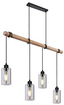 Globo LED Pendelleuchte mit Holzbalken und Vier Rauchglas Lampenschirmen