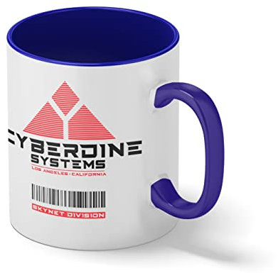 Cyberdyne Systems ART By Dune Inspired By Terminator Weiße Kaffeetasse Mug mit blauem Felgen und Griff