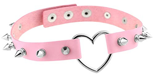Flongo Tattoo Choker Leder Halsband Lederhalsband Damen Kragen Halskette Anhänger Kette mit Nieten Herz Gothic Punk Rock für Frauen Pink