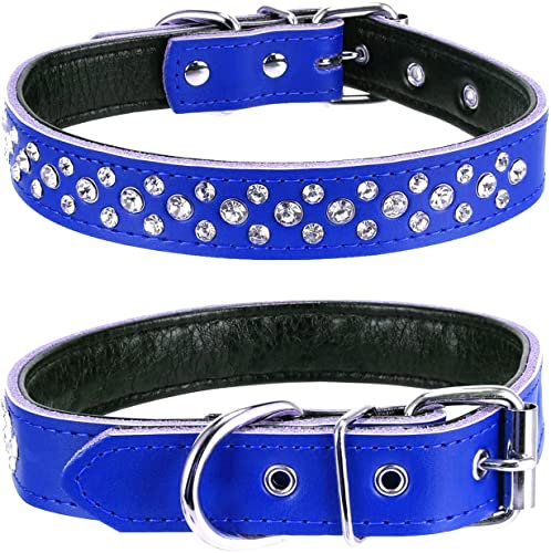 Haoyueer Hundehalsband mit Strasssteinen, verstellbar, glitzernde Kristallnieten, echtes Leder, Haustier-Hundehalsband für kleine und mittelgroße Hunde (M, Dunkelblau)