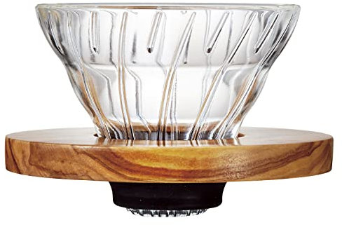 HARIO VDGR-01-OV V60 - Gotero de café transparente de vidrio resistente al calor, madera de olivo 01 para 1-2 tazas