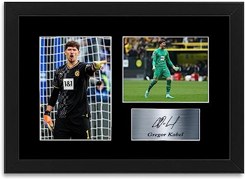 Gerahmtes Foto-Poster, Motiv: Gregor Kobel, Fußballspieler Dortmund Deutschland, A4, gerahmt, Geschenk für Fans und Fans