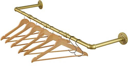 ITOOLFIRM Heavy Duty Iron Pipe Clothing Rack, 100cm Adjustable Metal Garment Tidy Rail Wall Mounted, Elegant Gold Vintage Steel Rod Wardrobe Storage Hanging Bar 25cm Deep