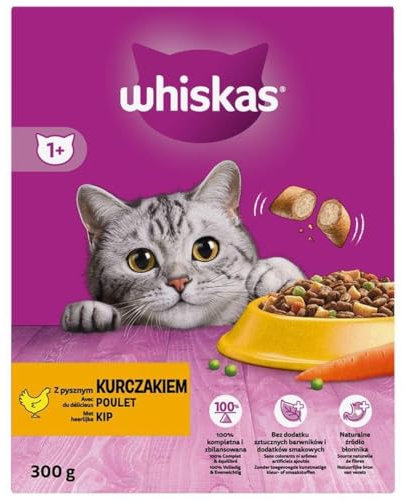Whiskas Adult 1+ Katzentrockenfutter für Erwachsene Katzen mit Huhn 6er Pack (6 x 300 g) im Karton