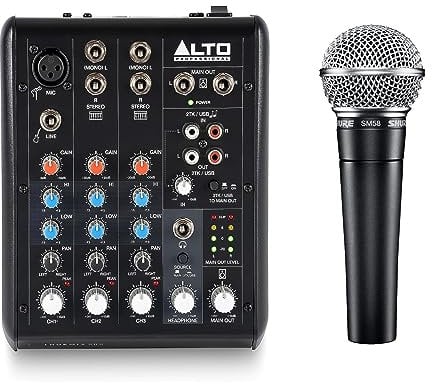 Shure SM58 Cardioid XLR Dynamic Vocal Microphone with Pneumatic Shock Mount, Built-in Pop Filter and Alto TrueMix 500 5-In Audio Mixer with XLR Mic In and USB Audio Interface