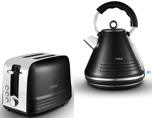 Tower Ash Black 1.7L 3KW Pyramid Kettle & 2 Slice Toaster. Contemporary Matching Kettle & Toaster Set in Black