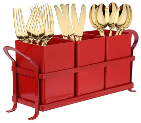 NelyBet Kitchen Utensil Holder for Countertop - Outdoor Silverware Caddy, Picnic and Camping Utensil Organizer, Flatware Holder for Party Gatherings, Metal and Durable Design (Red)