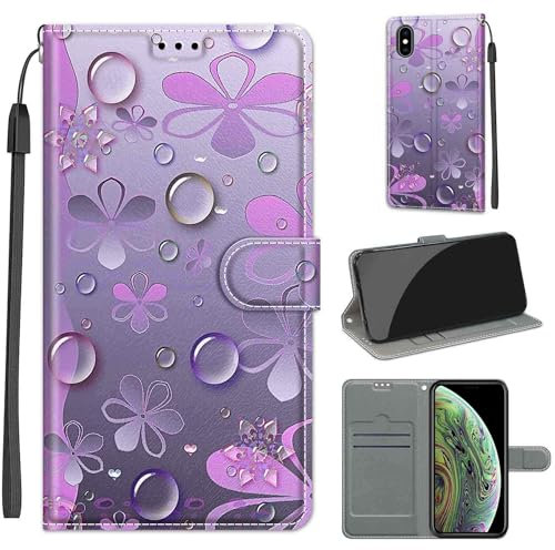 Handyhülle für iPhone X Hülle, iPhone XS Hülle, Premium Leder Flip Klappbare Stoßfeste Magnetische [Standfunktion] [Kartenfächern] Schutzhülle Tasche - Blumen