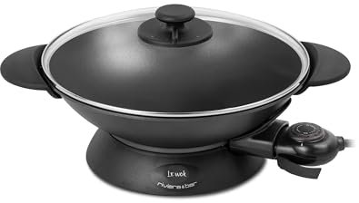 riviera&bar, Wok Électrique Expert 5L 2200W avec Cuve en Fonte d'Aluminium, Couvercle en Verre, Thermostat Réglable, Parfait pour 8 Personnes, Accessoires et Nettoyage Facile, QWK460