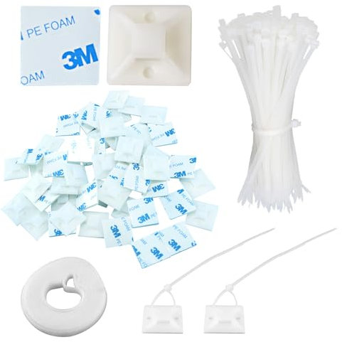 GOLDEROC Cable Management, 100 Pièces Serre Câble Plastique Blanc, 70 Pièces Collier de Serrage Plastique Supports Embase Adhésive(2,8 cm × 2,8 cm), 2,5 M Attache Câble en Nylon Adhésif Réutilisable