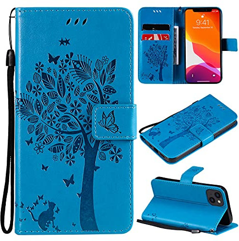 VEEMOS Handyhülle für Apple iPhone 13 Hülle Klappbar Katze-Baum mit Kartenfach Klapphülle Schutzhülle Handy Tasche Leder Book Flip Case Cover Handytasche Damen - Blau