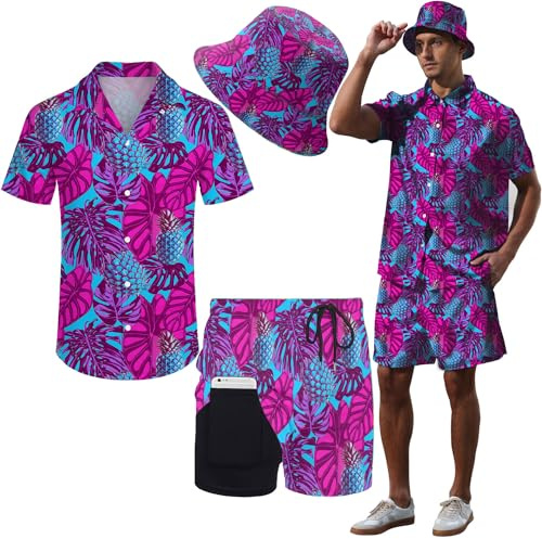 Hawaiianische Herren-Outfits, 2-teilig, Rave-Hemden, Shorts, tropisches Set mit Hut, Blatt und Ananas + Mütze, Small